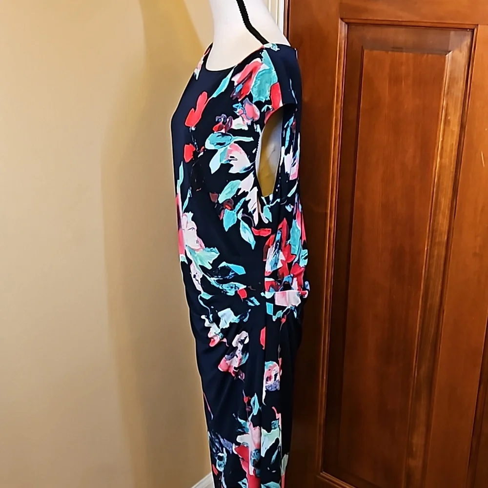 LAUREN RALPH LAUREN DRESS FLORAL 16 BLACK PINK GREEN WHITE Cap Sleeves - Picture 7 of 12